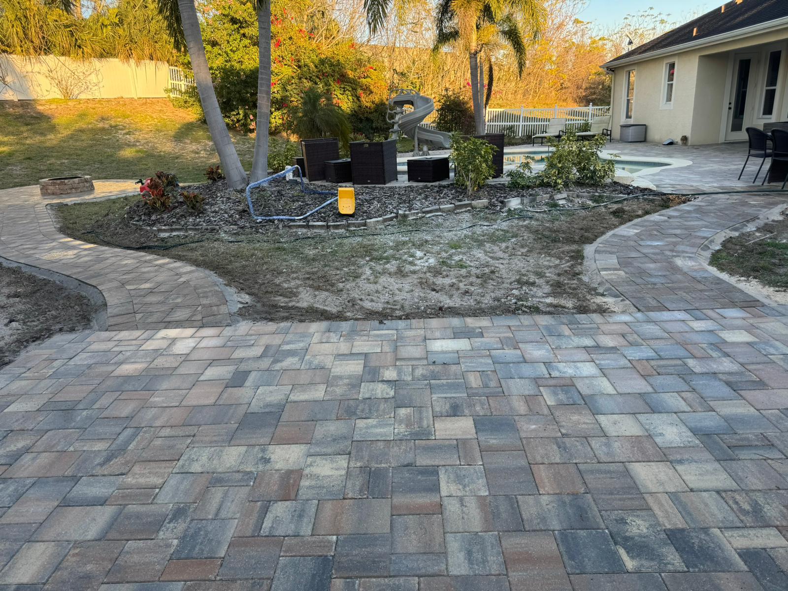 Paver walkway with fire pit